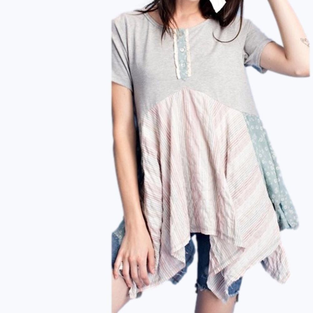 Boho Asymmetrical Short Sleeve Top ~  Mixed Media Fabrics ~ Hippie Vibe ~ NEW